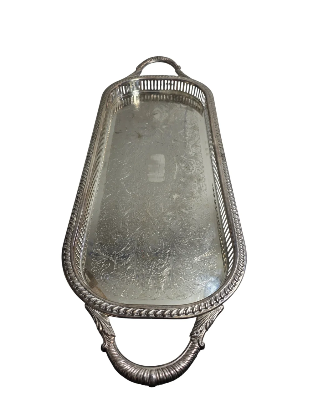 English Silver Silverplate Decorative Serving Tray with Handles